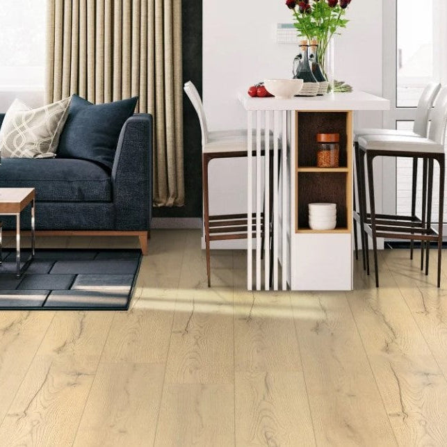 Modern living room with a breakfast bar and Kronotex Superior Standard Plus Century Oak Beige D4176 7mm Laminate Flooring