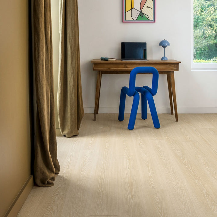 Bedroom Study with Desk and Quickstep CLASSIC FROSTY BEIGE OAK CLM5799 8mm  Biege Laminate Flooring