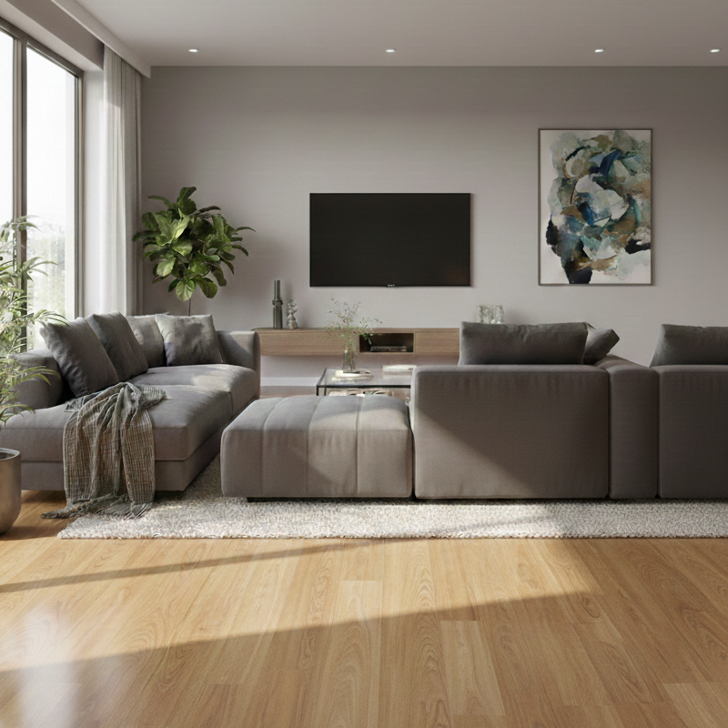 AI Generated image of EziClick High Gloss Barrel Oak 8mm Laminate Flooring in an apartment living room