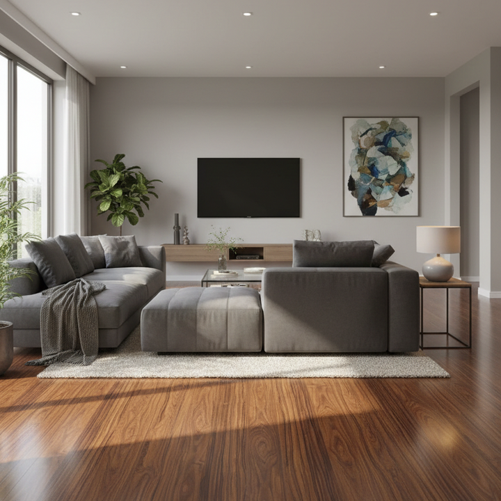 Modern living room with gray sectional sofa, TV, and EziClick High Gloss Bourbon 8mm Laminate Flooring
