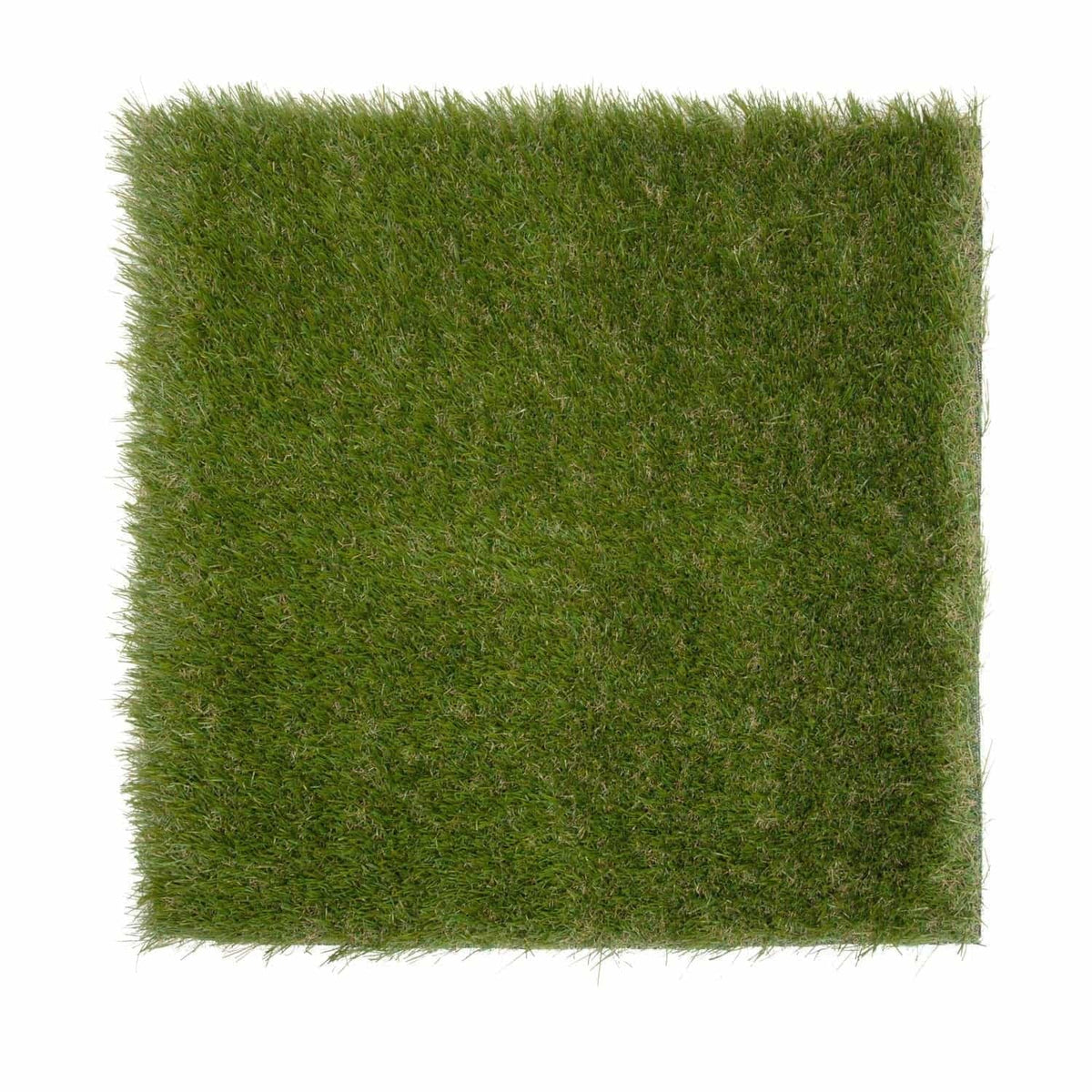 Square piece of green artificial grass on a white background