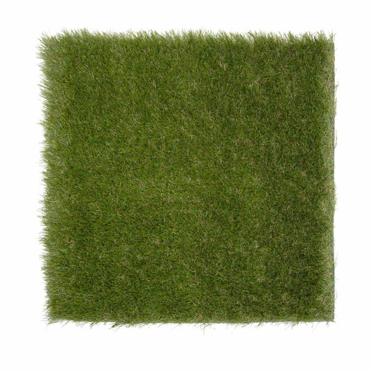 Square piece of green artificial grass on a white background