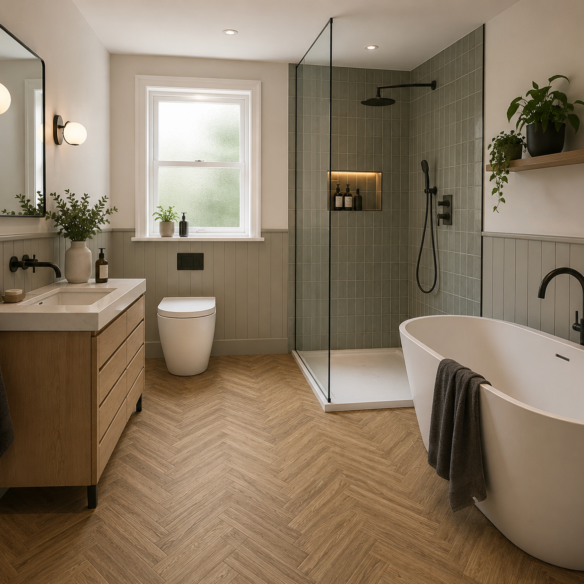 A modern, well-lit bathroom featuring a freestanding white bathtub with a dark faucet, a light wood vanity with a white sink, a glass shower enclosure, and skane_herringbone_walnut vinyl flooring