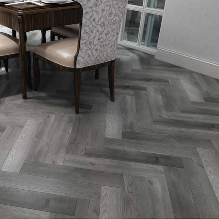 Slate grey herringbone SPC LVT flooring
